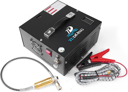 TUDIVING-Portable PCP Air Compressor | 12V DC/110V AC | Fast Inflation | Built-in Fan | Oil Free & Water | Lightweight | Easy to Carry | for Paintball/Air Rifle/Scuba Tank(TXES061)