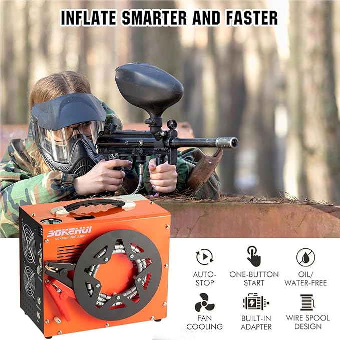 PCP Air Compressor, Auto-Stop,Built-in Oil-Water Separator Esiccant, Powered by Car 12V DC or Home 110V AC,4500Psi/30Mpa/300Bar with Cooling Fan System,Paintball Air Compressor Pump