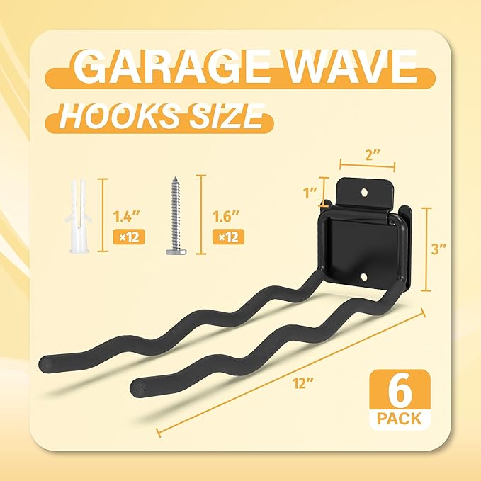Heavy Duty Garage Hooks - 6 Pack Wave Hooks for Shovels, Chairs Tools - Durable 12" Ladder Hanger, Ideal for Garden, Garage, Yard Tool Organization