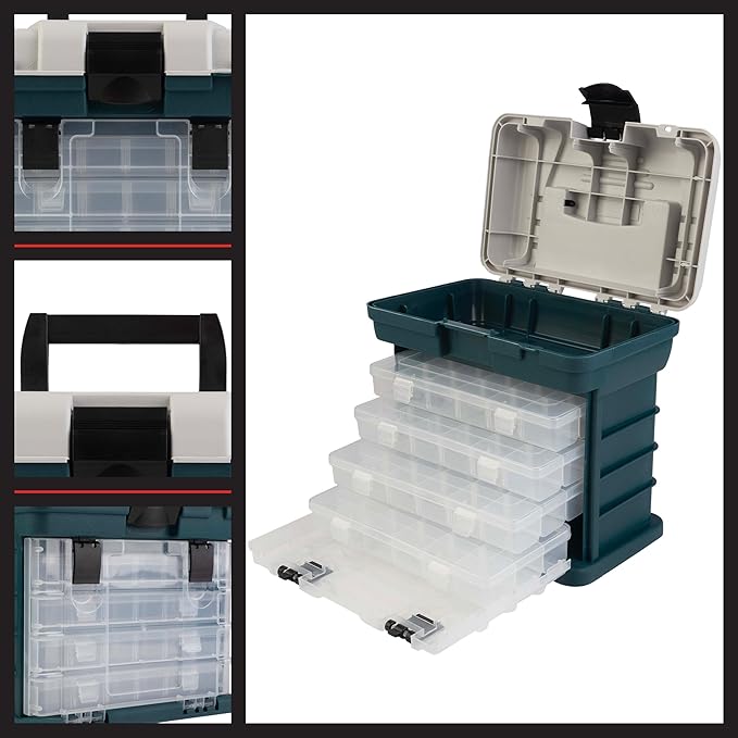 Portable Tool Box - Small Parts Organizer with Drawers and Customizable Compartments for Hardware, Fishing Tackle, Beads, or Crafts by Stalwart (Gray)