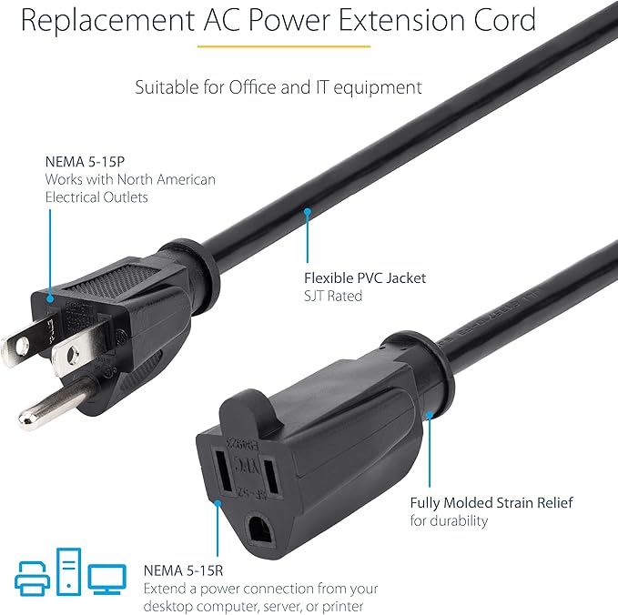 StarTech.com 3ft (1m) Power Extension Cord, NEMA 5-15R to NEMA 5-15P Black Extension Cord, 13A 125V, 16AWG, Outlet Extension Power Cable, NEMA 5-15R to NEMA 5-15P AC Power Cord - UL Listed (PAC1013)