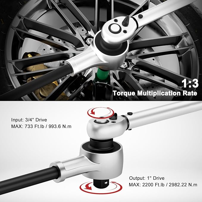 VANPO Torque Multiplier, 1:3 Torque Ratio, Heavy Duty Torque Multiplier Wrench, 1" Drive Output 2200 Ft.lb/2982.22 N.m, 3/4" Drive Input 733 Ft.lb/993.6 N.m for Caravans, Truck, Tractor Maintenance