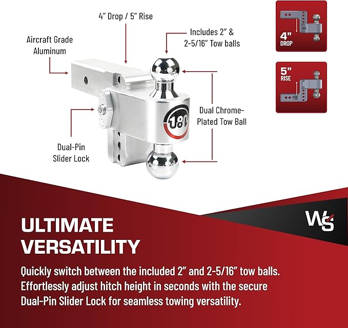 Weigh Safe Adjustable Trailer Hitch Ball Mount, 4" Adjustable Drop Hitch for 2.5" Receiver w/ 2 pc Keyed Alike Lock Set, Heavy Duty Aluminum Trailer Tow Hitch w/Chrome Plated Tow Balls, 18,500 GTW
