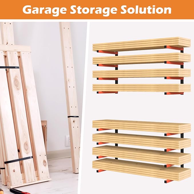 OUSHENG 8-Level Lumber Storage Rack, Firewood Holder Wall Mounted Wood Organizer Metal Garage Shelves Shelving Indoor and Outdoor Organization, Gifts for Him Men Dad Husband Fathers Day