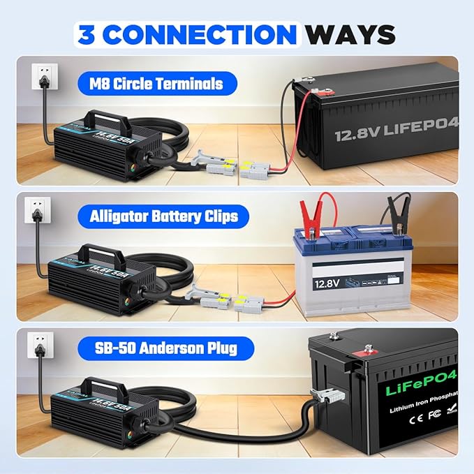 12V 50A Lithium Battery Charger 14.6V 50A Fast LiFePO4 Charger 0V Wake Up 12 Volt Lithium Charger with 8 Protection & 3 Connectors for 12.8V LiFePO4 Battery of RV, Marine, Boat, Solar, Trolling Motor