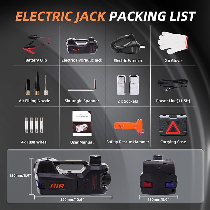 STANDTALL Electric Car Jack Kit 5 Ton 12V Hydraulic Floor Jack with Impact Wrench and Tire Inflator Pump Lift Jack with LED Light for SUV Sedan Truck Road Emergency Tire Change