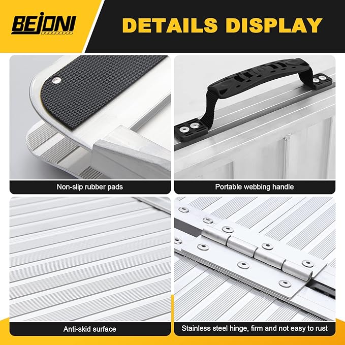 BEJONI 3FT Silvery Folding Portable Wheelchair Ramp, Non-Slip Aluminum Threshold Ramp for Home Steps and Doorways, Handicap Ramp for Home Use, Scooter Ramp for Car, 600 LBS Weight Capacity