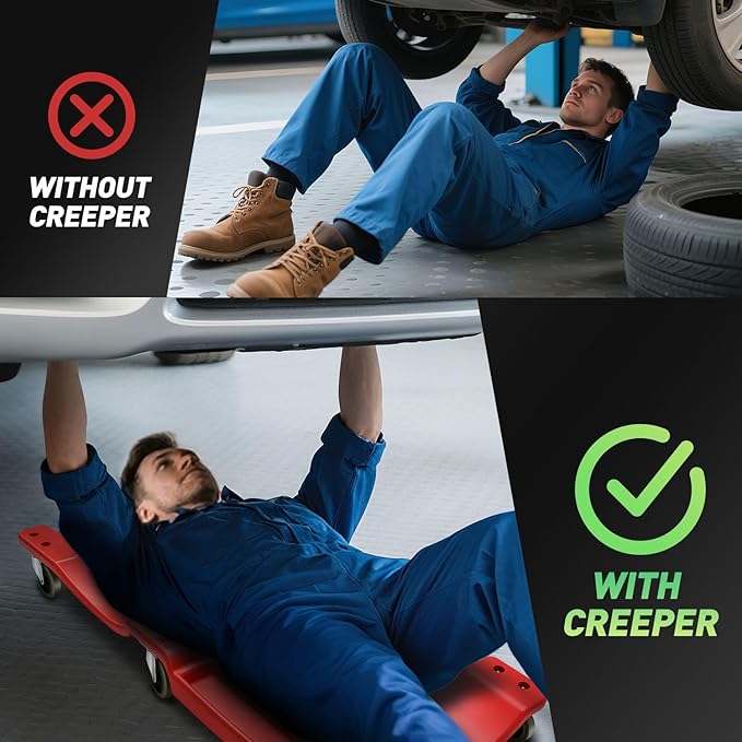 DNA MOTORING 40 Inch Mechanic Creeper, Blow Molded Low Profile Rolling Garage Creeper, w/Padded Headrest, Dual Tool Trays, 350lbs Capacity, Red, TOOLS-00005