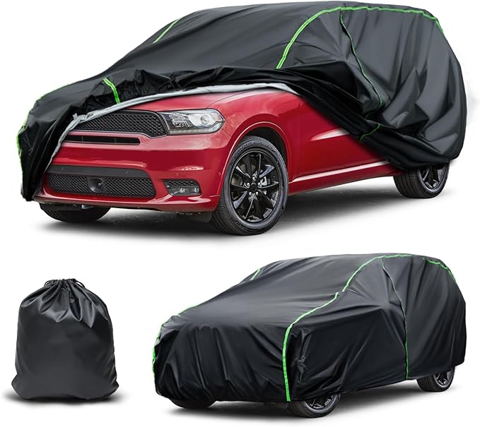 Waterproof Car Cover Compatible with Explorer/Land Cruiser/Traverse/Durango/XC90/MDX All-Weather Protection, 201"-209" SUV PEVA Car Cover with Zipper Door