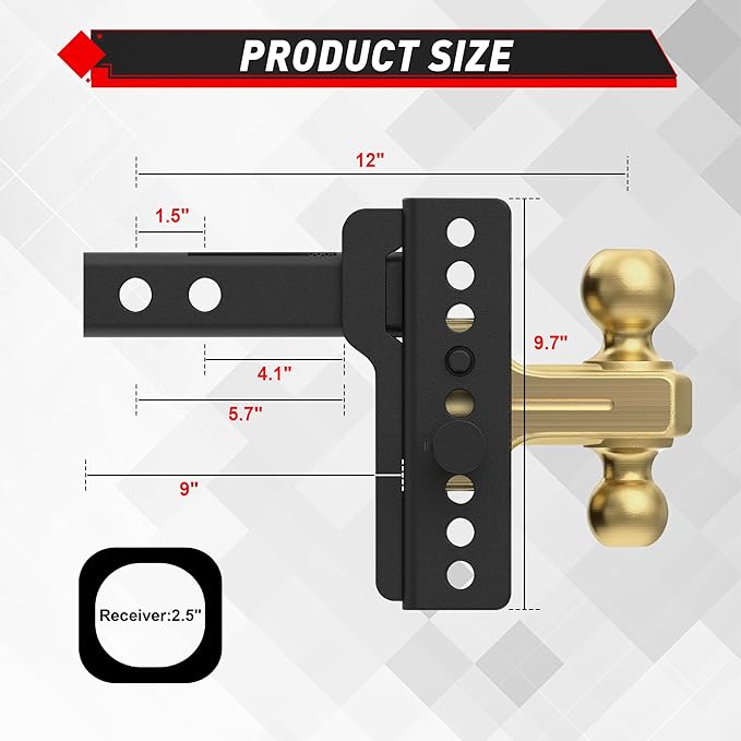 TYT Adjustable Truck Trailer Hitch for 2.5 inch Receiver, 6" Drop/Rise Tow Hitch with Dual Balls (2" & 2-5/16"), 14,000 lbs GTW, 1,400 lbs TW, Includes Two Pin Locks & Hitch Tightener