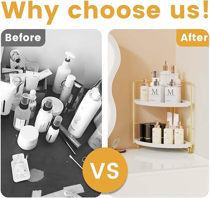 2-Tier Corner Bathroom Countertop Organizer, Tiny Counter Corner Shelf Skincare Makeup Perfume Organizer and Organization for Kitchen (Luxury Gold)