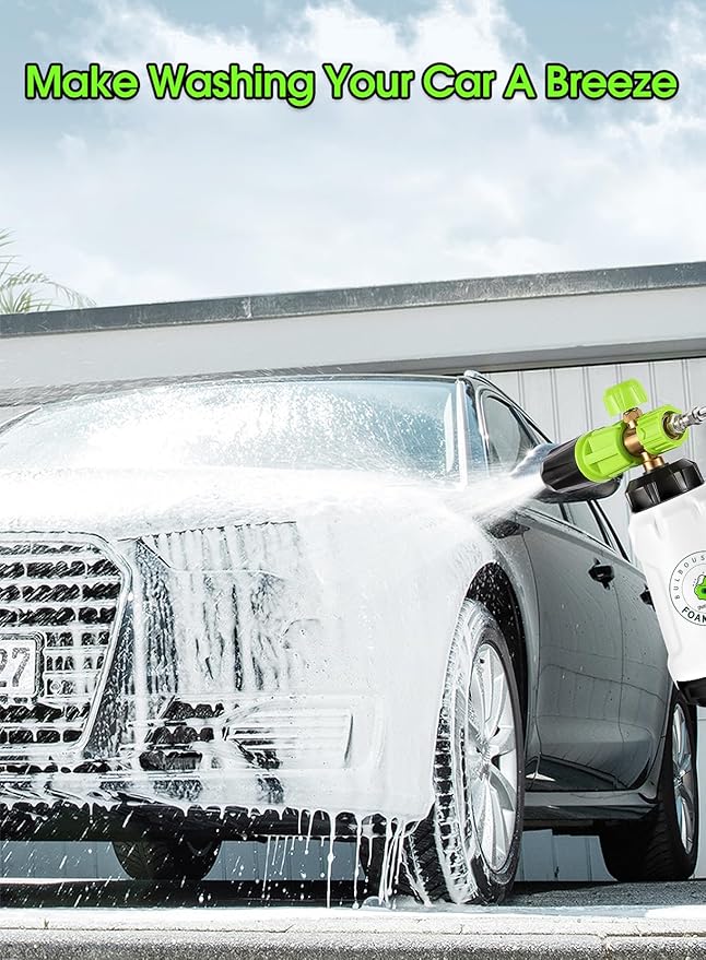 Foam Cannon for Pressure Washer (Wide Mouth), Stainless Steel Filter Thick Snow Car Wash Foam Gun, Adjustable Soap Cannon with 1/4“ Quick Connector, Additional 1.1mm Orifice Nozzle, 1L HDPE Bottle