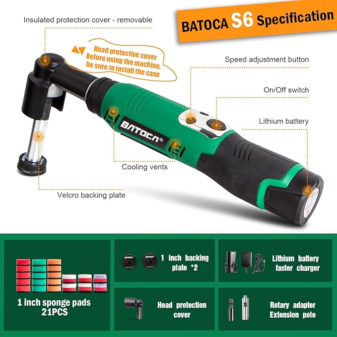 BATOCA S6 Mini Polisher Cordless Polisher for Car Detailing, 1x2.0Ah Battery, 0mm Rotary Polisher Car Buffer,1 Inch Micro Polisher with 6 Variable Speed 1000-5000 RPM for Car Polishing,Cleaning