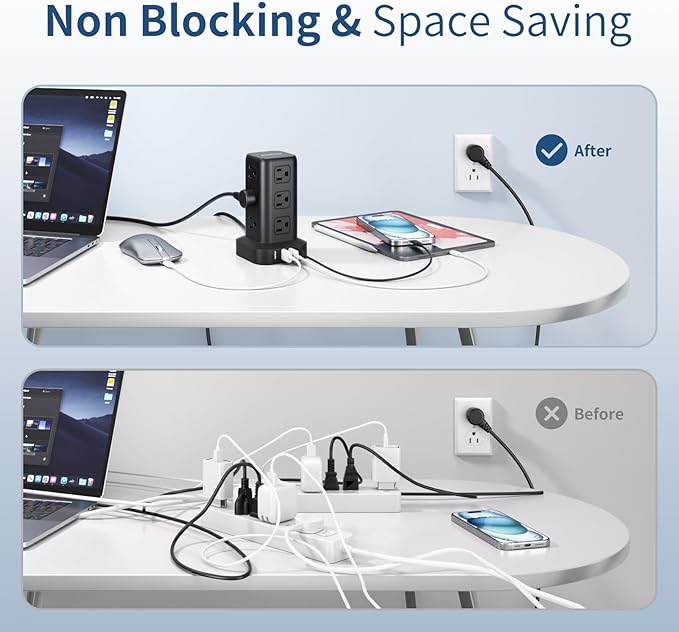 AnnTane Surge Protector Power Strip 6.5 FT Cord, Power Strip Tower with 4 USB Ports (1USB C), Extension Cord with 12 AC Multiple Outlets, Home Office Supplies Desk Accessories, Dorm Room Essentials