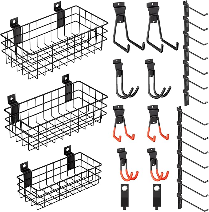 INCLY 27PCS Slatwall Accessories Kit, Includes 3 Pack Ventilated Metal Wire Slat Wall Baskets, Multisized Heavy Duty Slatwall Hooks and Storage Strap for Room Workshop Garage Organization