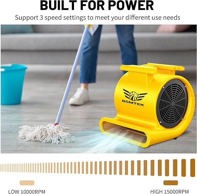 Air Mover Blower Fan, Industrial 1.5HP MAX10000CFM Monster Floor Blower Carpet Dryers - 3 Speeds, 4 Adjustable Angles, 15FT Long Cord, Stackable, Yellow - 2026 Upgraded