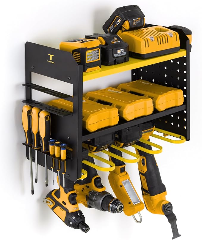 Power Tool Organizer Wall Mount, 4 Layer Heavy Duty Metal Tool Storage Rack with 4 Drill Holders, Pegboard Side Panels & Hooks, Garage Tool Organizer Wall Mount for Cordless Tools, Workshop, Shed