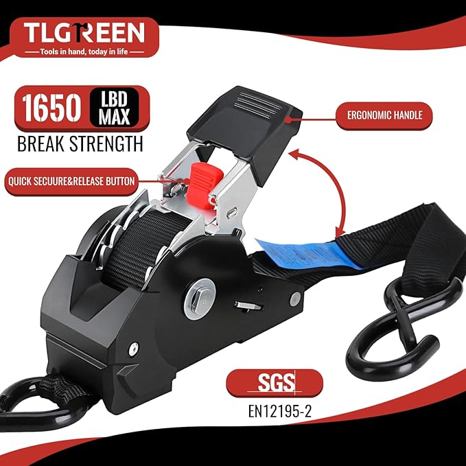 TLGREEN Retractable Ratchet Straps,Black,8 Pack,1” x 10’1650lb Break Strength Heavy Duty Auto Self Retracting Tie Down Straps for Truck, Cargo, Motorcycle, ATV, UTV,Boat