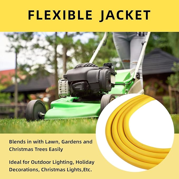 EP 12/3 50 FT Indoor Outdoor Yellow Extension Cord Waterproof, 12 Gauge 3 Prong Power Cord Flexible Resistant Appliance Extension Cable Electric Cable Outside, 15A 1875W 12AWG SJTW, ETL Listed