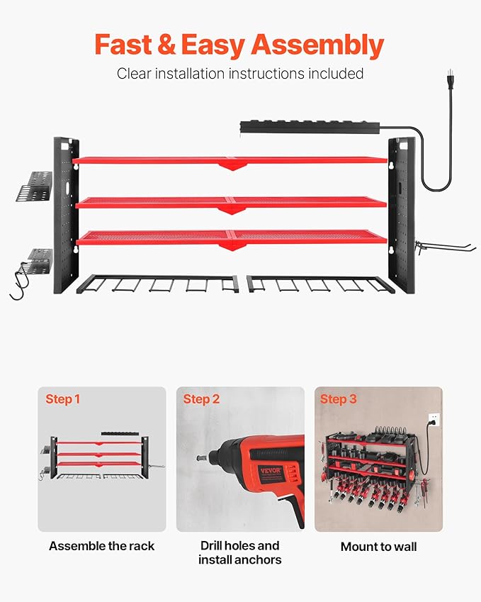 VEVOR Power Tool Organizer with Charging Station, 4-Layer Drill Storage Rack with 8 Drill Holders & Side Pegboard, Garage Tool Organizer Built in 8 Outlet Power Strips for Garage, Workbench, Workshop