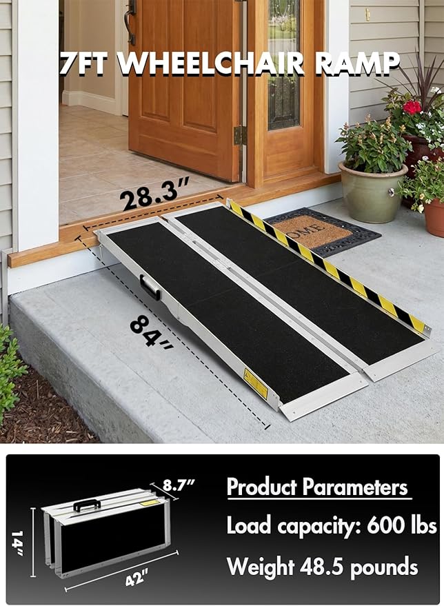 Wheelchair ramp 7FT,Non-Slip Aluminum Wheelchair ramps for Home Steps,Folding Handicap Ramp,ramps for Home,doorways,Stairs,Weight Capacity up to 600LBS 7FT (Usable Height 7-21 inch)