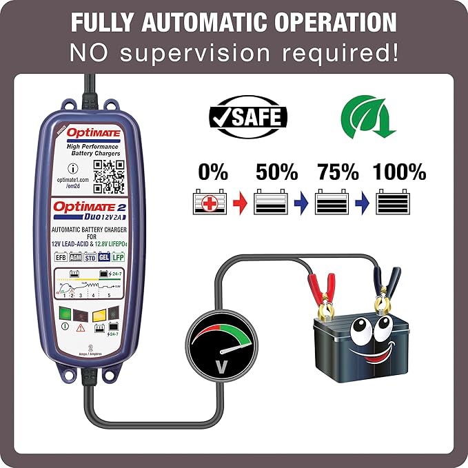 Tecmate Optimate 2 Duo, TM-551, Bronze Series: 5-Step 12V / 12.8V 2A Sealed Battery Charger & maintainer, Blue