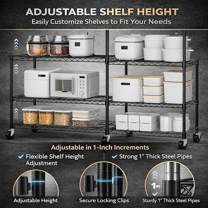 3 Tier Storage Shelves with Wheels Wide Wire Shelving Unit 39.37" H Tall, 350lbs per Shelf Metal Shelves for Storage Sturdy Heavy Duty Shelving Deep Pantry Shelves Storage Rack
