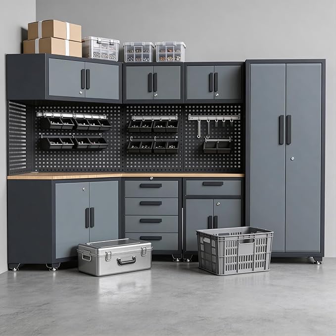 16PCS Garage Storage Cabinet System - Heavy Duty Workshop Set w/Corner Cabinet Includes Workbench, Pegboard & Lockable Drawers | Metal Tool Organization System for Garage/Workshop