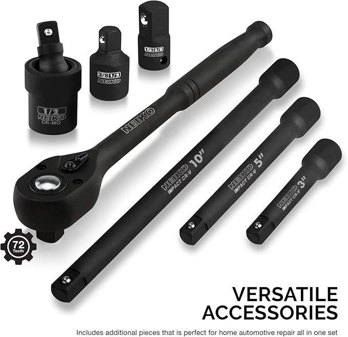 NEIKO 02446A 1/2" Impact Socket Set, 35 Piece, Deep Socket Kit Assortment, Standard SAE (3/8”-1-1/4”) and Metric MM (10-32mm) Sizes, Includes Ratchet Handle and Impact Extension Bars