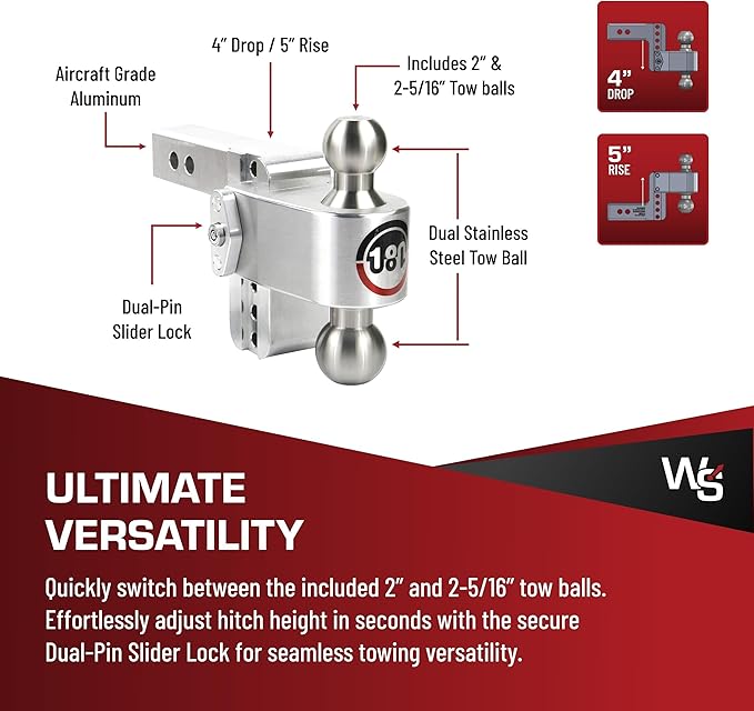 Weigh Safe Adjustable Trailer Hitch Ball Mount, 4" Adjustable Drop Hitch for 2.5" Receiver w/ 2 pc Keyed Alike Lock Set, Heavy Duty Aluminum Trailer Tow Hitch w/Stainless Steel Tow Balls, 18,500 GTW