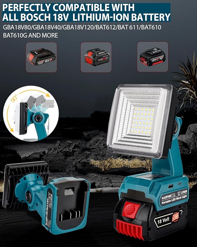 Adisipsoarin Cordless LED Work Light for Bosch 18v Battery, 25W LED Floodlight with USB-A&USB-C 2.1A Fast Charging Ports for Jobsite, Car Repairing, Camping, Emergency
