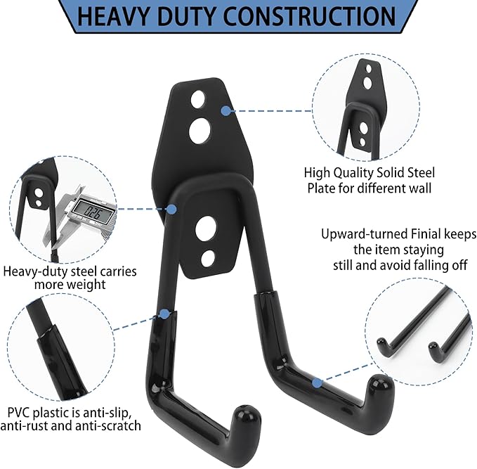Wall Mount Heavy Duty Garage Hooks (2-Pack) – Wall Mounted Storage Hooks for Ladders, Bikes, Tools & More – Rust-Resistant Steel with Anti-Slip PVC Coating Small U Hooks