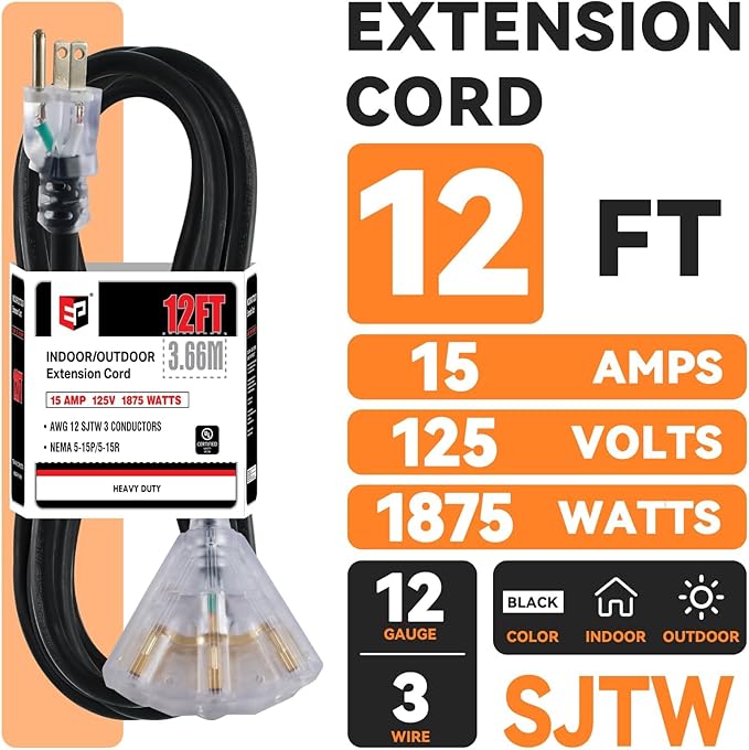 EP 12 Ft 12 Gauge Heavy Duty Extension Cord, 15A 125V 1875W, 3 Outlet Indoor/Outdoor Power Cord with Lighted End, 12/3 SJTW Weatherproof Black