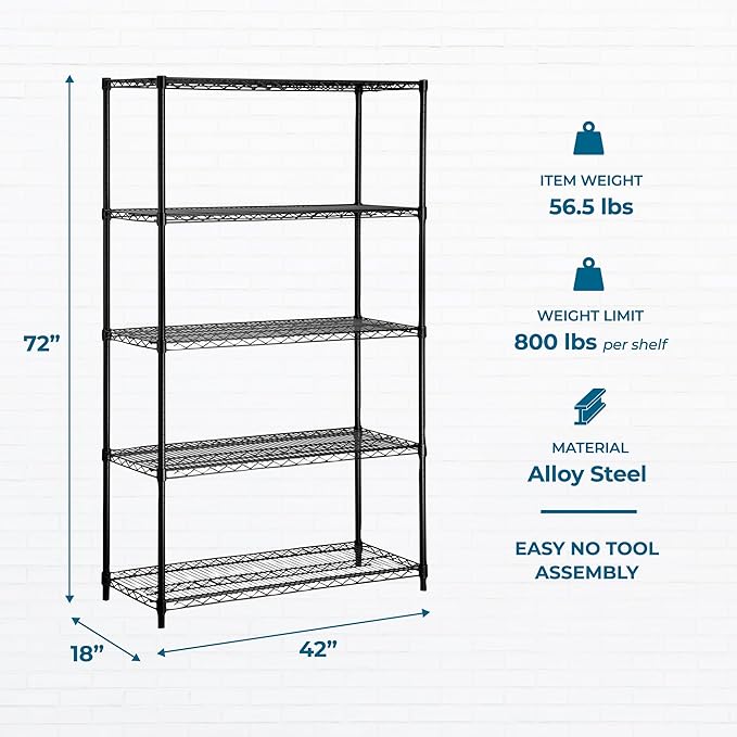Honey-Can-Do 5-Tier Heavy-Duty Adjustable Shelves, Metal Storage Rack with 800-lb Shelf Capacity, Black, 18" W x 42" L x 72" H