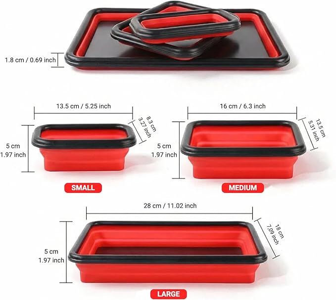 Collapsible Magnetic Parts Tray Set of 3 Different Size, Foldable Silicone Tool Trays for Screws, Bolts, Nuts and Other Small Metal Parts (Red)