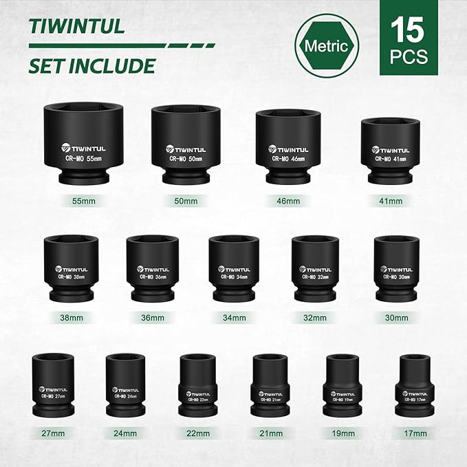 3/4 Inch Drive Impact Socket Set, 15 Pieces Heavy Duty 6-Point CR-MO Steel Impact Sockets, Metric Sizes 17-55 mm, Impact Socket Set for Auto, Truck and Large Machinery Maintenance