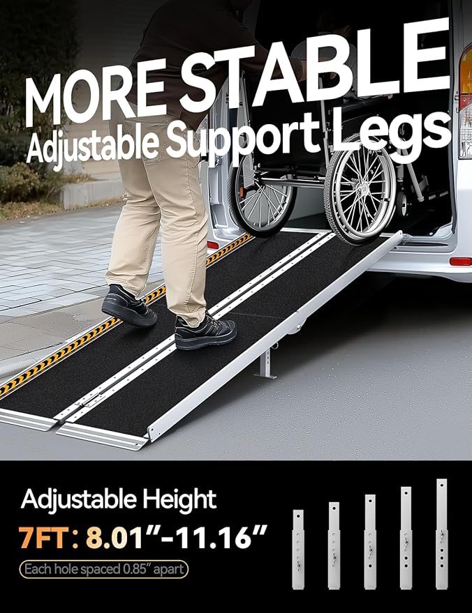 FACHNUO 7 Feet Portable Wheelchair Ramp with Sopport Legs, Non-Skid Aluminum Handicap Ramps with Handle, Folding Threshold Wheel Chair Ramp for Home Steps, Stairs, Entry,Doorways, 800LBS Capacity