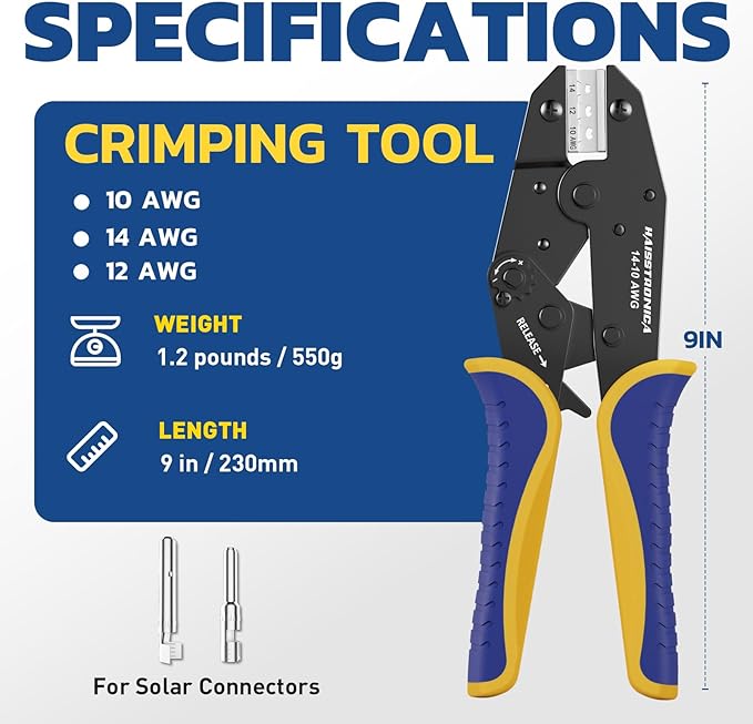haisstronica Crimping Tool for Solar Connectors - AWG 14 12 10 Ratchet Wire Crimper Tool