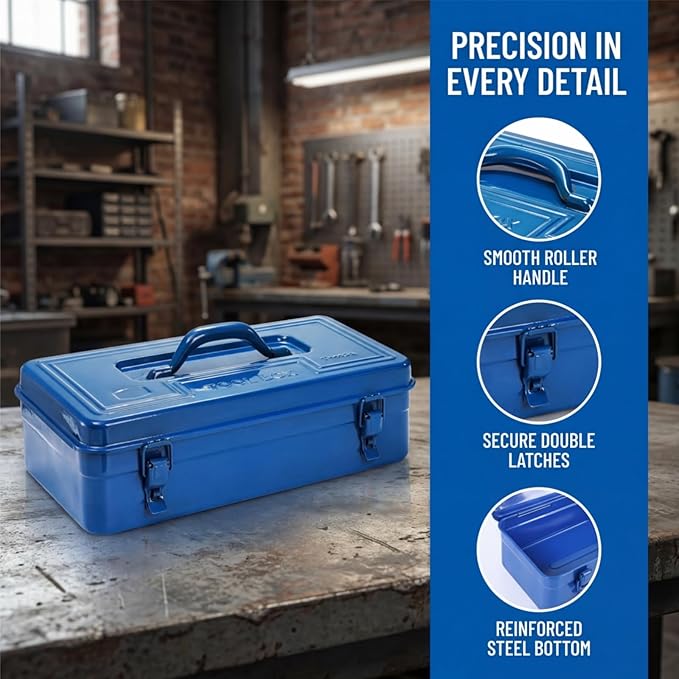 Portable Steel Tool Box, 16 Inch Metal Tool Organizer Box with Double Latch Closure and Handle, Heavy Duty Storage Toolbox Chest for Workshop, Garage, Warehouse, Household, Blue