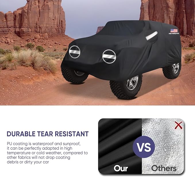 NEVERLAND Car Cover for Jeep Wrangler 4 Door Waterproof Car Covers, All Weather Protection Jeep Sun Rain Protection for Wrangler 4 Fits JK JL JLU JKU 2007-2025 Outdoor Covers Black with Door Zipper