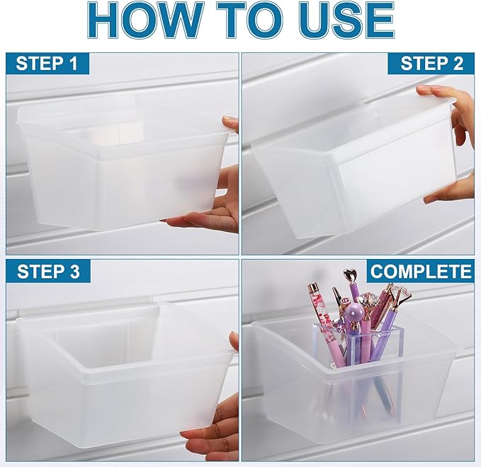 Mifoci 12 Pcs Storage Bins for PVC Slatwall Plastic Bin with Stickers Pens Slatwall Accessories for Organizing Hardware Craft Storage Tool Organizer Garage Craft Room Tool Shed(Clear)