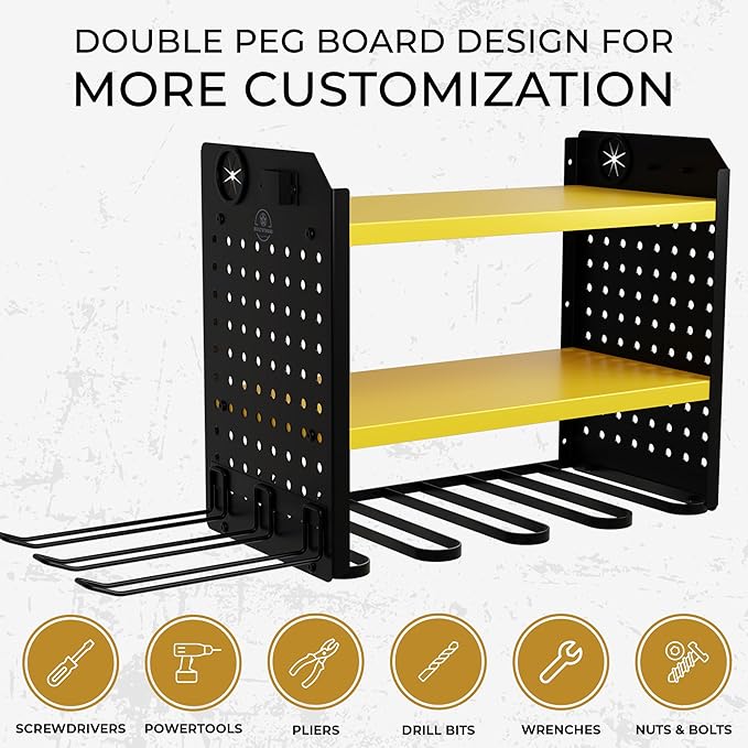 BUILTSTRONG Power Tool Organizer - 6 Drill Holder Wall Mount, 3 Tier Heavy-Duty Hand Storage Rack, Utility Racks, 2 Pegboard Sides - Garage Cordless Organizer (Yellow)