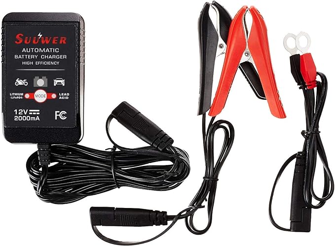 12V 2-Amp Fully-Automatic Smart Battery Charger & Maintainer with 12FT Cord, SAE Connector, Alligator Clips, OT Terminals for AGM, SLA, Lead Acid & LiFePO4 - Car, Motorcycle, ATV, Boat