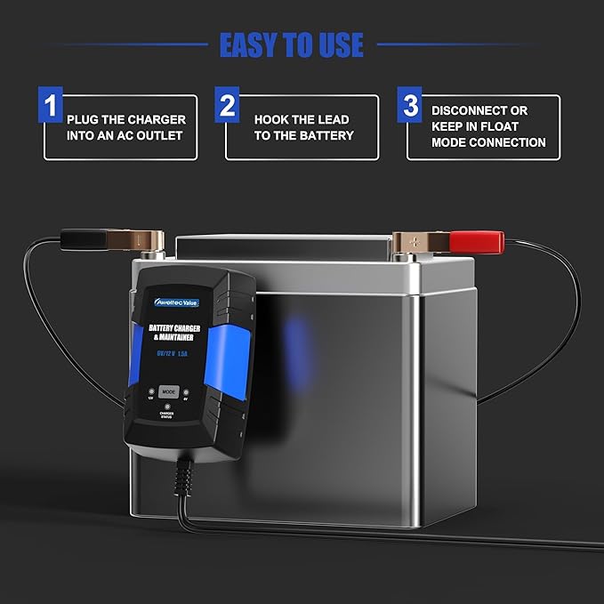 Smart Car Battery Charger,1.5A 6V/12V Automotive Trickle Charger,Tender,Maintainer with Memory Function,LED Light,12FT Cables for Vehicle Lead-Acid & Lithium Batteries