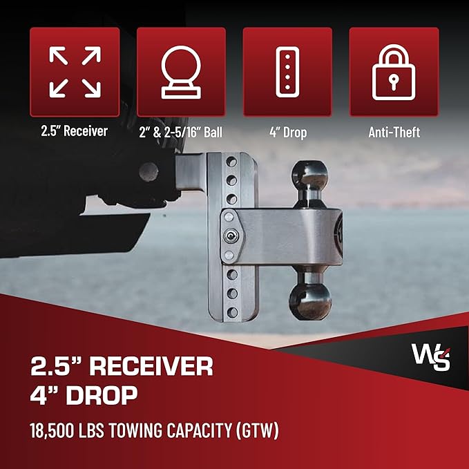 Weigh Safe Adjustable Trailer Hitch Ball Mount - 4" Adjustable Drop Hitch for 2.5" Receiver - Premium Heavy Duty Aluminum Trailer Tow Hitch w/Chrome Plated Tow Balls (2" & 2 5/16") - 18,500 GTW