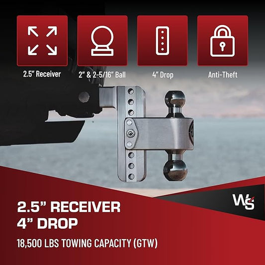 Weigh Safe Adjustable Trailer Hitch Ball Mount - 4" Adjustable Drop Hitch for 2.5" Receiver - Premium Heavy Duty Aluminum Trailer Tow Hitch w/Chrome Plated Tow Balls (2" & 2 5/16") - 18,500 GTW