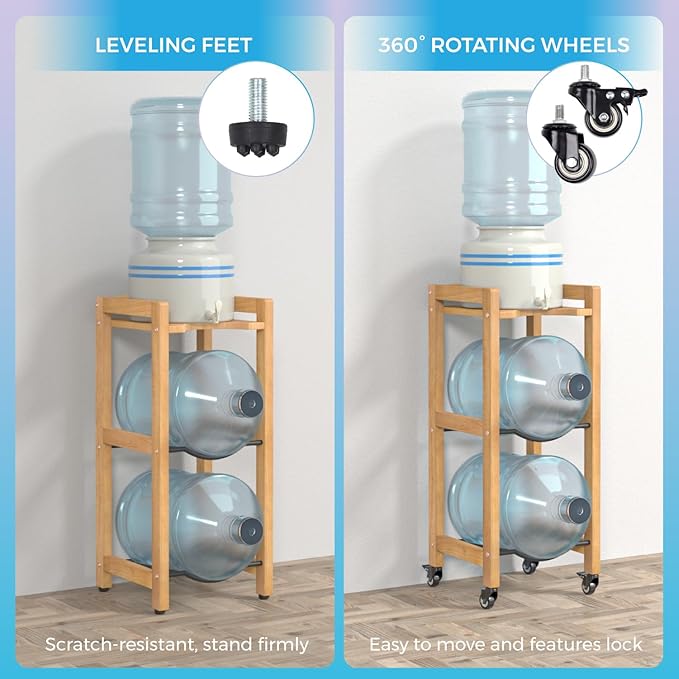 3-Tier 5 Gallon Water Jug Holder with Top Shelf – 4 Metal Wheels or Adjustable Feet – Natural Hardwood Water Dispenser Floor Stand – Wooden Organizer for Kitchen, Office, Garage – Space-Saving Design