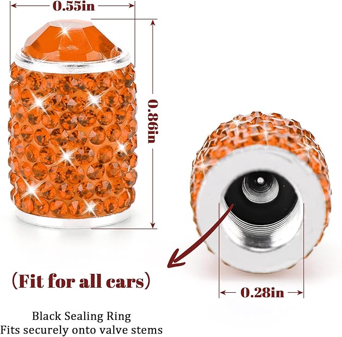 ToBeQueen Bling Orange Car Tire Valve Caps, 4 Pack Handmade Crystal Rhinestone Diamond Tire Caps Universal Dustprood Bling Car Accessories for Car/SUV/Motorcycle/Bike(Orange)