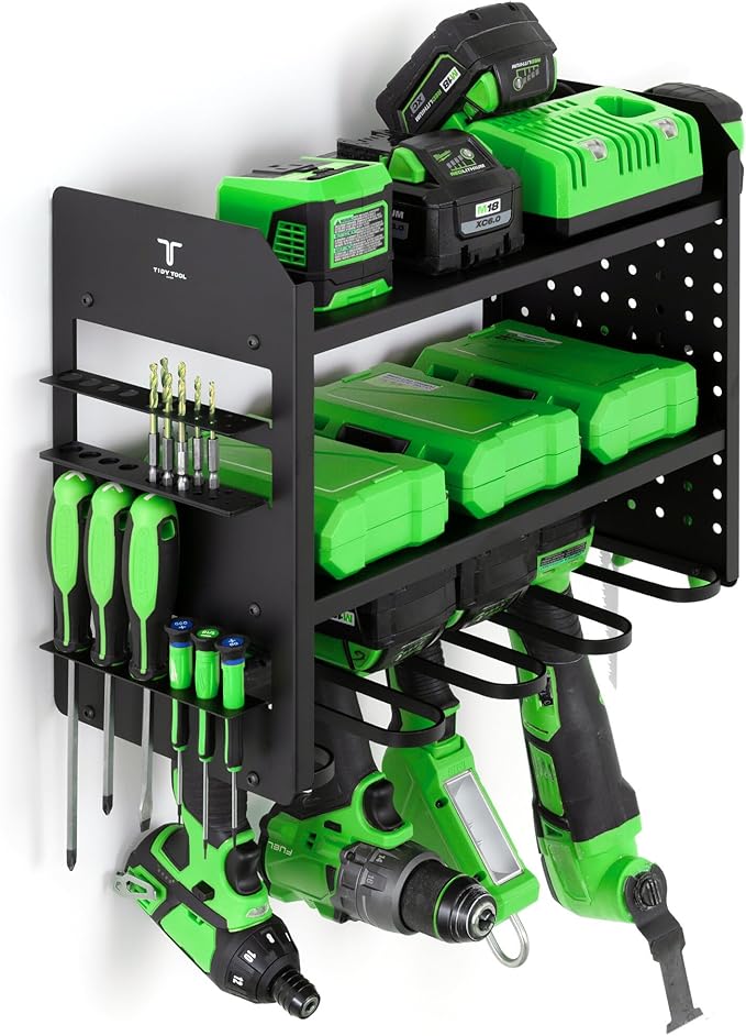 Power Tool Organizer Wall Mount, 4 Layer Heavy Duty Metal Tool Storage Rack with 4 Drill Holders, Pegboard Side Panels & Hooks, Garage Tool Organizer Wall Mount for Cordless Tools, Workshop, Shed