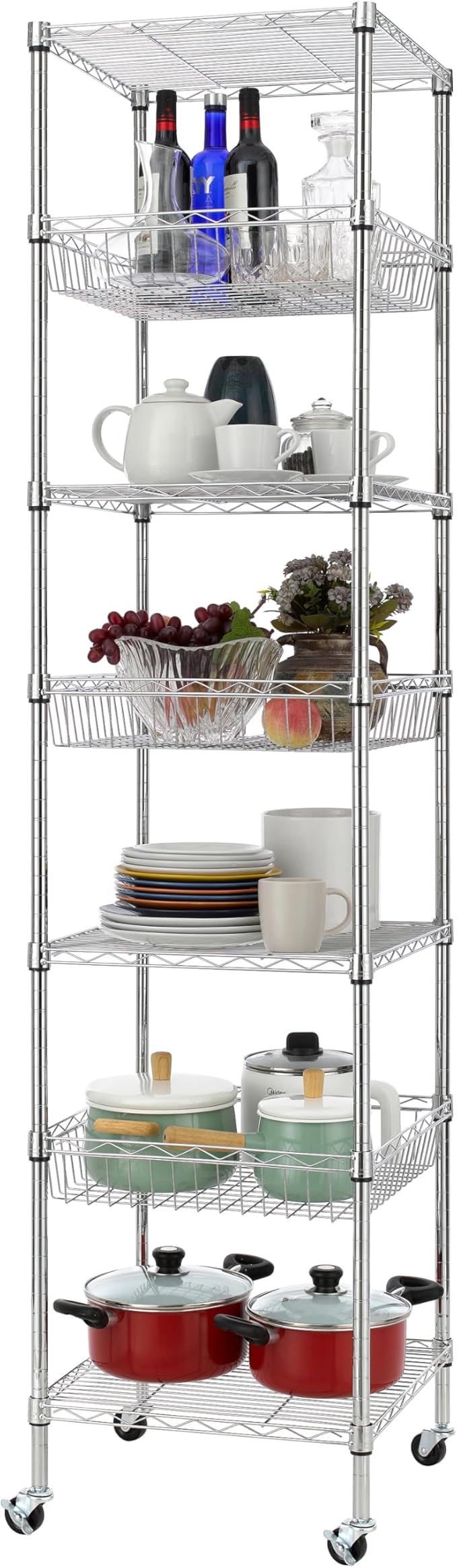 Finnhomy Heavy Duty 7 Tier Wire Shelving Unit with Wheels 18x18x78.8-inches 7 Shelves Metal Storage Rack Thicken Steel Tube, Adjustable Shelving Rack for Kitchen Bathroom Office, NSF Certified, Chrome